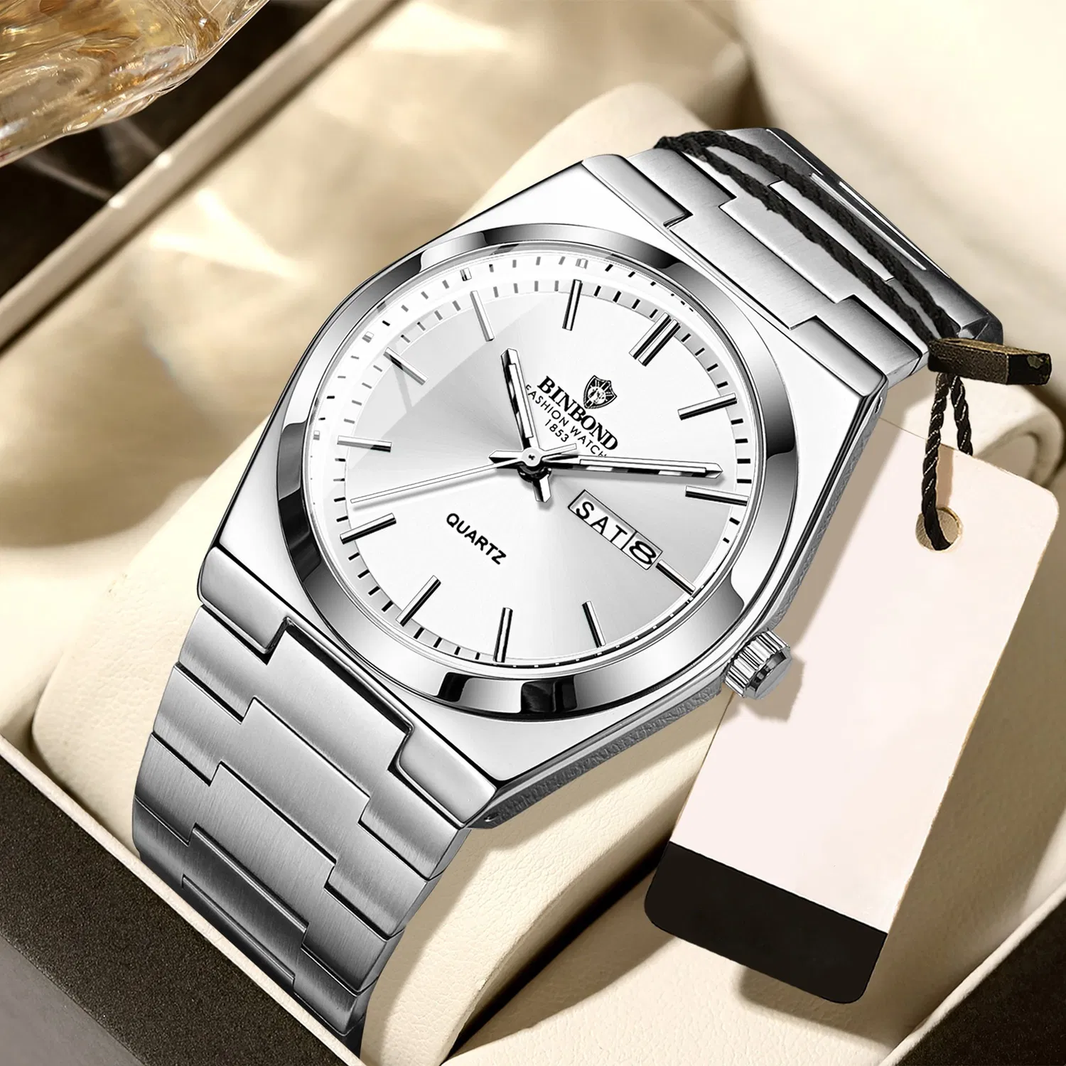 Vintage Minimalist Erkek Kol Saati 44 mm – Paslanmaz Çelik Kordonlu, Takvimli, Fosforlu İbreli - 4