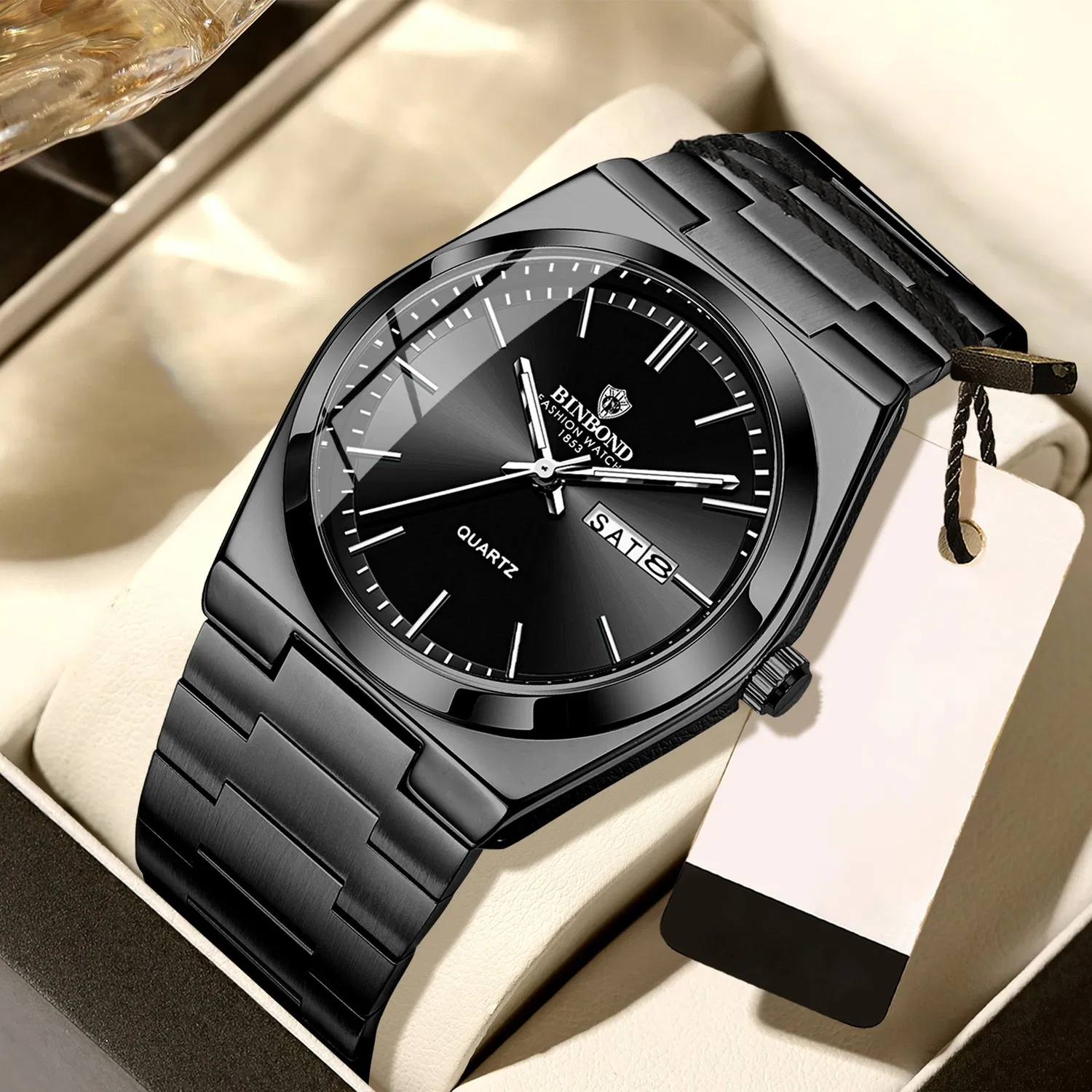 Vintage Minimalist Erkek Kol Saati 44 mm – Paslanmaz Çelik Kordonlu, Takvimli, Fosforlu İbreli - 5