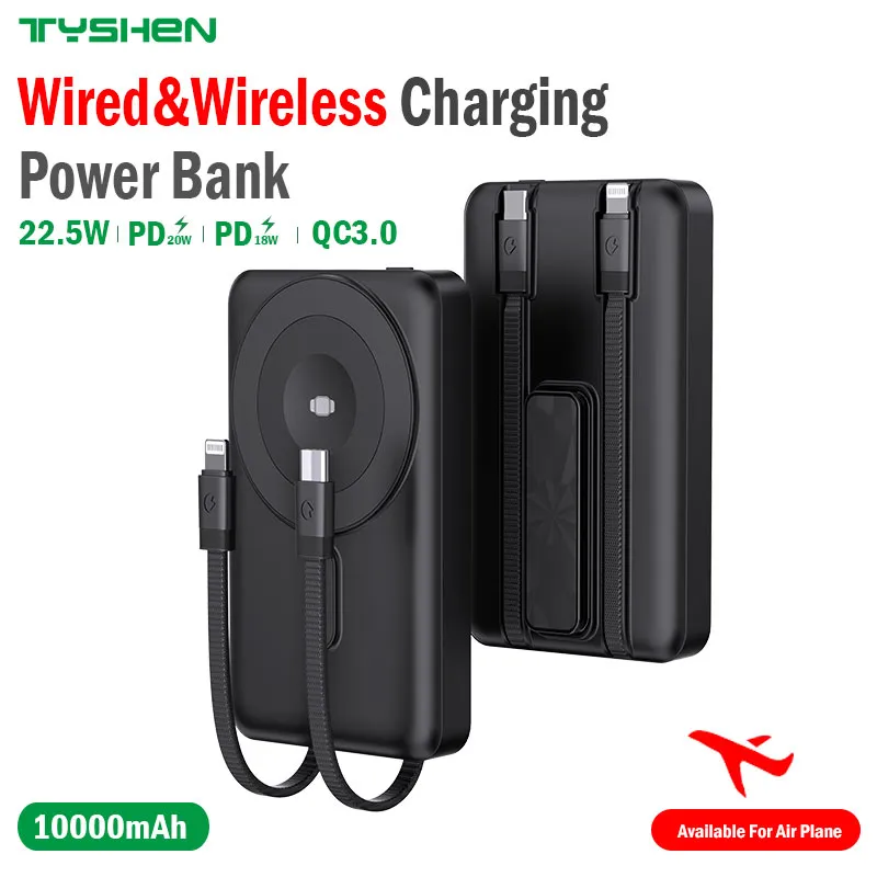 Manyetik Powerbank 10000 mAh – Dahili Çift Kablolu, 15 W Kablosuz Şarjlı