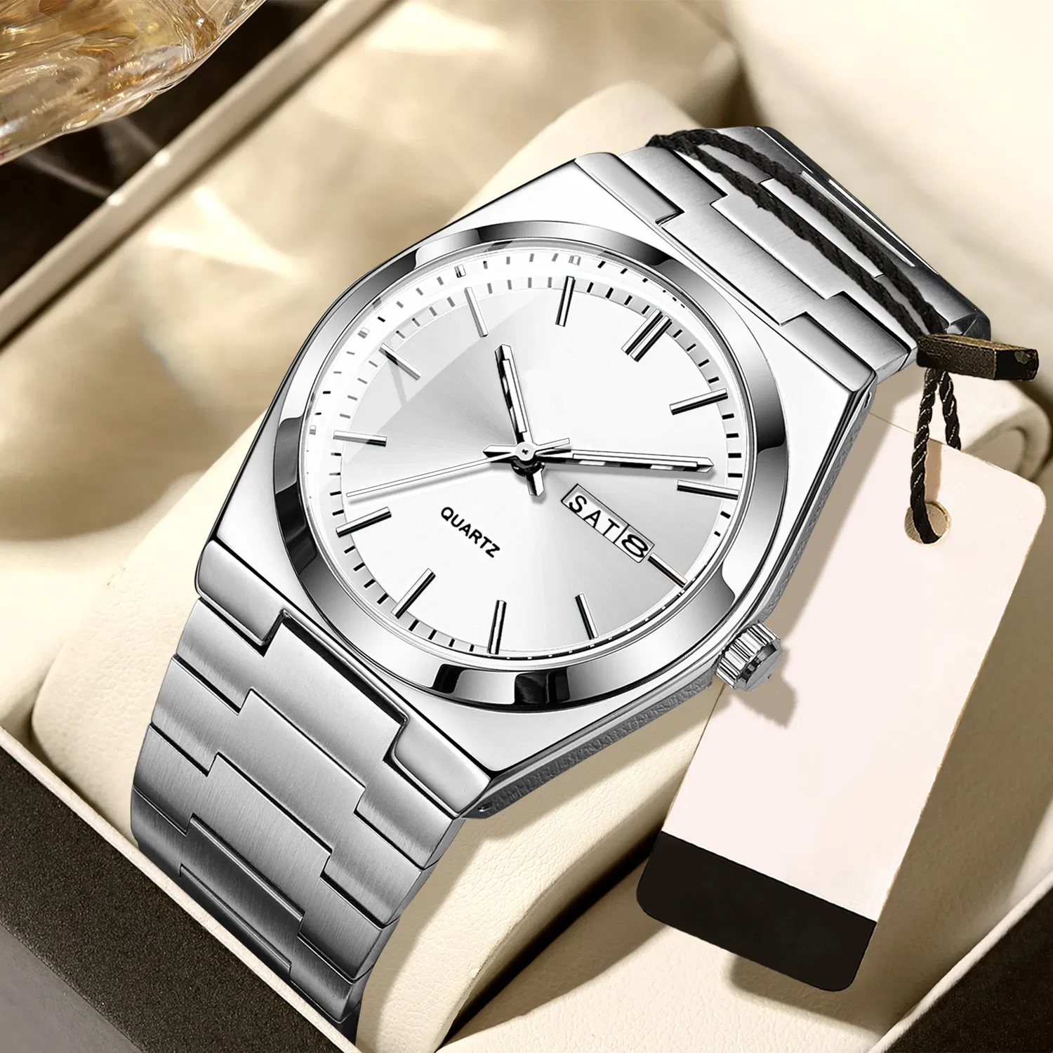 Minimalist Erkek Kol Saati 40 mm – Paslanmaz Çelik Kordonlu, Takvimli, Fosforlu İbreli - 4