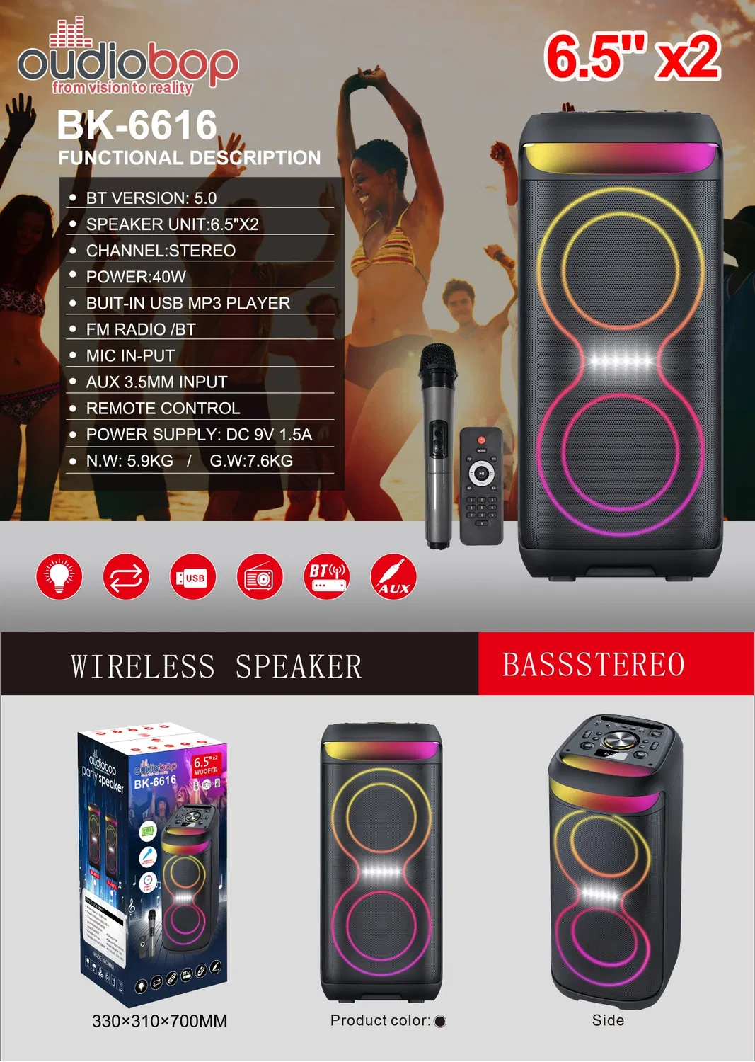 40 W Taşınabilir Bluetooth Karaoke Hoparlörü – Kablolu Mikrofon ve Uzaktan Kumanda Dahil, TWS, FM Radyolu - 5